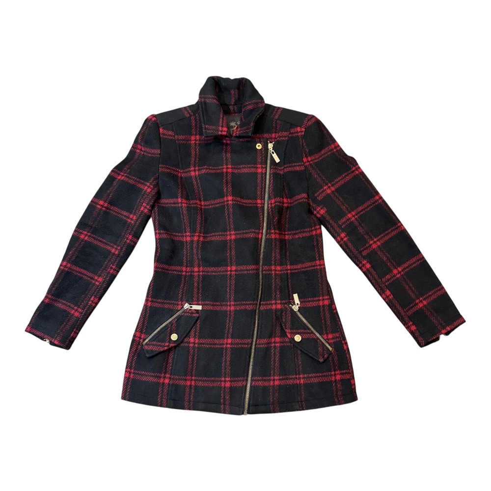 G by Guess Plaid Moto Jacket XS Black Red Gold Zipper Long Sleeve‎